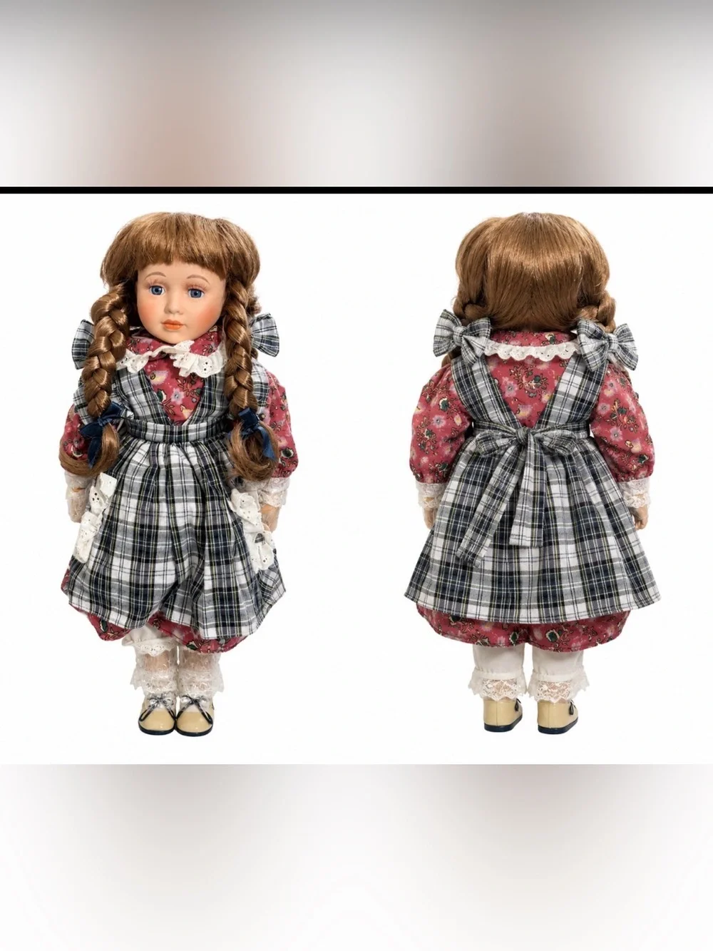 Porcelain Girl Doll in Pink Floral Dress with Plaid Apron